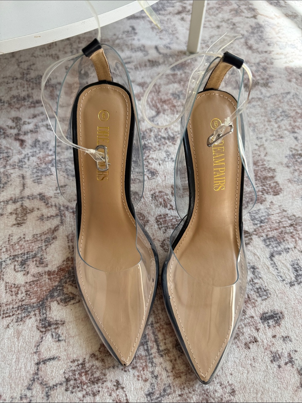 Dream Pairs Clear Pointed Toe Slingback Heels with Nude Insole and Black Trim